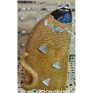 Abstract Folk Art Metal & Tan Stoneware Cat Kitten Figurine 6.25"